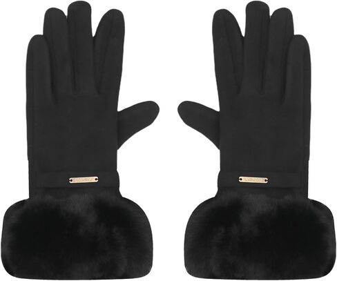 Women Soft Suede Cold Weather Gloves Cute Cat Fleece Lined Winter Thermal Mittens with Faux Fur Cuff in Kuwait
