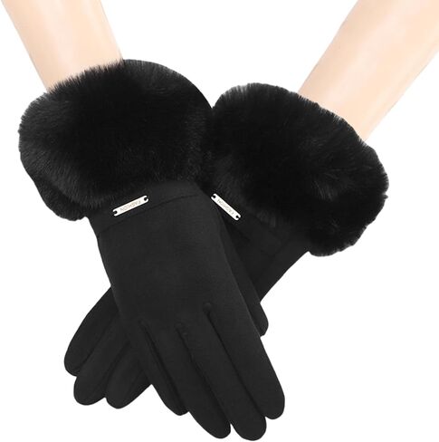Women Soft Suede Cold Weather Gloves Cute Cat Fleece Lined Winter Thermal Mittens with Faux Fur Cuff in Kuwait