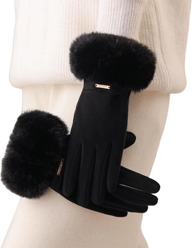 Women Soft Suede Cold Weather Gloves Cute Cat Fleece Lined Winter Thermal Mittens with Faux Fur Cuff in Kuwait