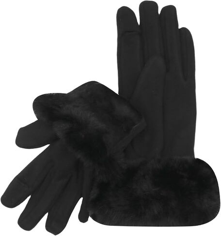 Women Soft Suede Cold Weather Gloves Cute Cat Fleece Lined Winter Thermal Mittens with Faux Fur Cuff in Kuwait