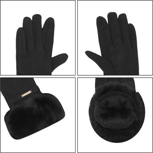 Women Soft Suede Cold Weather Gloves Cute Cat Fleece Lined Winter Thermal Mittens with Faux Fur Cuff in Kuwait