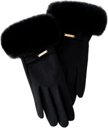Women Soft Suede Cold Weather Gloves Cute Cat Fleece Lined Winter Thermal Mittens with Faux Fur Cuff in Kuwait