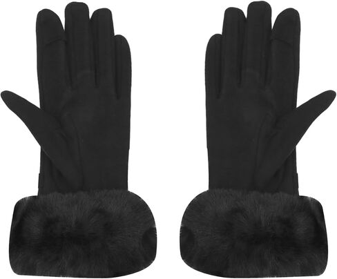 Women Soft Suede Cold Weather Gloves Cute Cat Fleece Lined Winter Thermal Mittens with Faux Fur Cuff in Kuwait