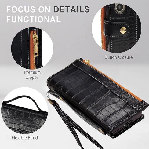 for Samsung Galaxy Z Fold 5 Wrist Strap Zipper Case with Card Slot and Cash Compartment,RFID Protection Built-in Screen Protector and Crocodile Leather for Elegant. Black in Kuwait