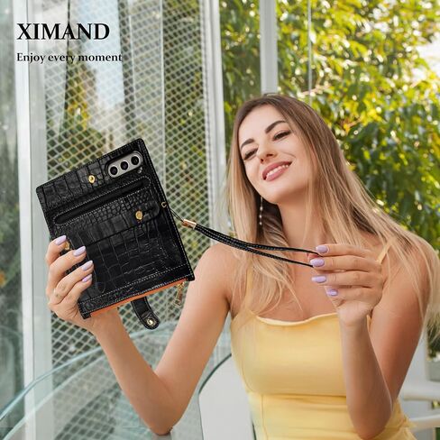 for Samsung Galaxy Z Fold 5 Wrist Strap Zipper Case with Card Slot and Cash Compartment,RFID Protection Built-in Screen Protector and Crocodile Leather for Elegant. Black in Kuwait