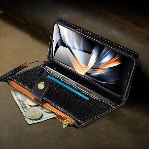 for Samsung Galaxy Z Fold 5 Wrist Strap Zipper Case with Card Slot and Cash Compartment,RFID Protection Built-in Screen Protector and Crocodile Leather for Elegant. Black in Kuwait