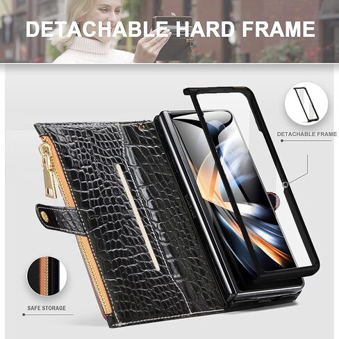 for Samsung Galaxy Z Fold 5 Wrist Strap Zipper Case with Card Slot and Cash Compartment,RFID Protection Built-in Screen Protector and Crocodile Leather for Elegant. Black in Kuwait