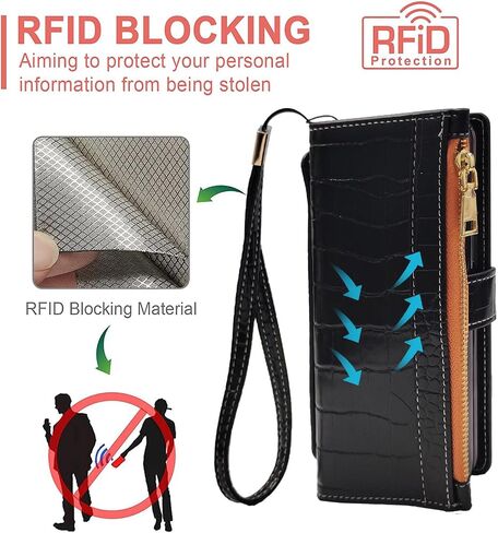 for Samsung Galaxy Z Fold 5 Wrist Strap Zipper Case with Card Slot and Cash Compartment,RFID Protection Built-in Screen Protector and Crocodile Leather for Elegant. Black in Kuwait