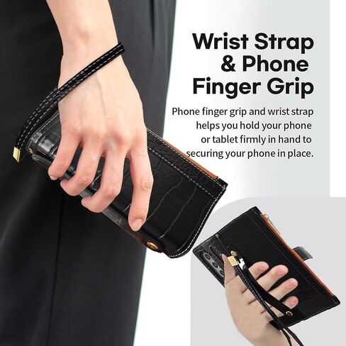for Samsung Galaxy Z Fold 5 Wrist Strap Zipper Case with Card Slot and Cash Compartment,RFID Protection Built-in Screen Protector and Crocodile Leather for Elegant. Black in Kuwait