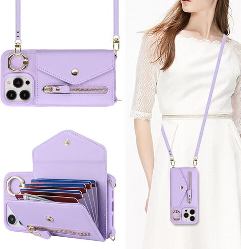 حافظة لهاتف iPhone 14 Pro Max مع حامل بطاقات بسحاب وحزام للنساء، حافظة هاتف iPhone 14 Pro Max متوافقة مع جلد البولي يوريثان وزر فليب مقاوم للصدمات للرجال - أسود in Kuwait