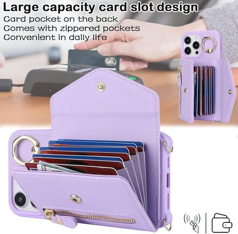 حافظة لهاتف iPhone 14 Pro Max مع حامل بطاقات بسحاب وحزام للنساء، حافظة هاتف iPhone 14 Pro Max متوافقة مع جلد البولي يوريثان وزر فليب مقاوم للصدمات للرجال - أسود in Kuwait