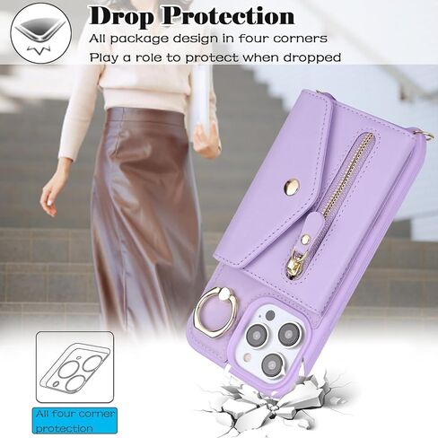 حافظة لهاتف iPhone 14 Pro Max مع حامل بطاقات بسحاب وحزام للنساء، حافظة هاتف iPhone 14 Pro Max متوافقة مع جلد البولي يوريثان وزر فليب مقاوم للصدمات للرجال - أسود in Kuwait