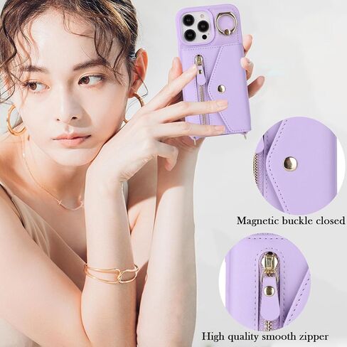 حافظة لهاتف iPhone 14 Pro Max مع حامل بطاقات بسحاب وحزام للنساء، حافظة هاتف iPhone 14 Pro Max متوافقة مع جلد البولي يوريثان وزر فليب مقاوم للصدمات للرجال - أسود in Kuwait