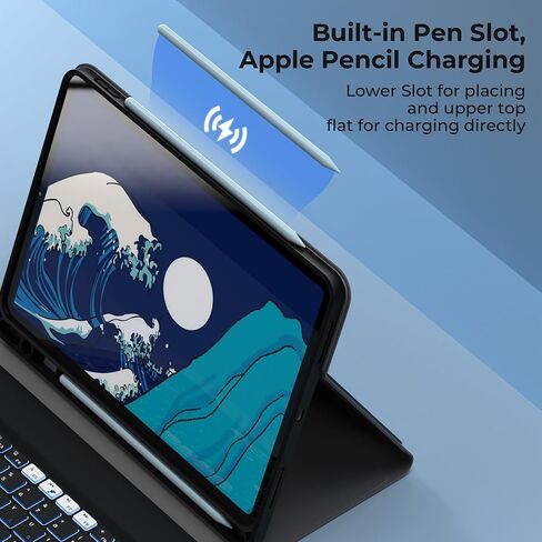 iPad Pro 11-inch Case with Keyboard (M4) - Kanagawa Magnetic Wireless Keyboard with Pencil Charging 7 Colors Backlit Stain Proof Folio Keyboard Cover for iPad Pro 11 Inch 2024 - Black in Saudi Arabia