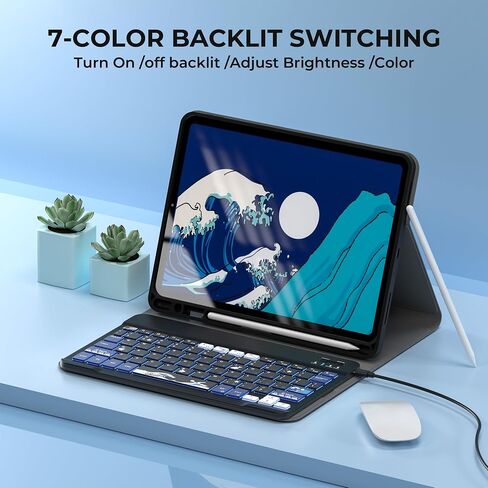 iPad Pro 11-inch Case with Keyboard (M4) - Kanagawa Magnetic Wireless Keyboard with Pencil Charging 7 Colors Backlit Stain Proof Folio Keyboard Cover for iPad Pro 11 Inch 2024 - Black in Saudi Arabia
