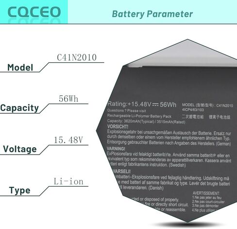 بطارية C41N2010 لـ ASUS ROG Strix G15 G513IC G513IH G513QC G513QE G17 G713QE G513IC-HN055T G513QC-HF002T G713QE-HX008T G713QE-HX009T Series 0B200-03890000 4ICP4/63/103 15.48 فولت / 56 وات في الساعة / 3620 مللي أمبير في الساعة in Kuwait