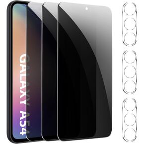 [3+3 Pack] Privacy Screen Protector for Samsung Galaxy A54 with 3 Pack Camera Lens Protector, HD Clear Tempered Glass Film, Anti Scratch, 9H Hardness, Touch Sensitive, Bubble Free