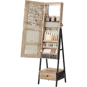 SONGMICS 6 LEDs Lockable Mirror Jewelry Cabinet,Organizer, Standing Jewelry Armoire with 4 Wheels, Mirror with Jewelry Storage, Coat Rack, Shelf, Rustic Brown and Black UJJC005X01