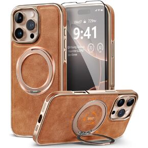 حافظة جلدية مغناطيسية لهاتف iPhone 16 Pro Max مع حامل حلقي قوي 360 درجة، مسند فاخر نحيف مقاوم للصدمات 【متوافق مع MagSafe】 لهاتف iPhone 16 Pro Max (2024) 6.9 بوصة (ذهبي تيتانيوم صحراوي)
