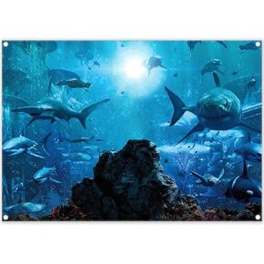 Fabric 7x5ft Shark Theme Photography Backdrop Underwater Deep Ocean Animals Fish Background Aquarium Kids Party Decorations Photo Banner Props