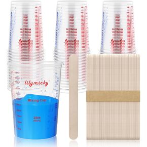 100 Pack Plastic Mixing Cups, 20 oz (600ml) - Disposable Measuring Cups with 100 Wooden Mixing Sticks, Measurement ratios: 2:1, 3:1, 4:1, Suitable for Epoxy Resin, Liquid Measuring, and Paint Mixing