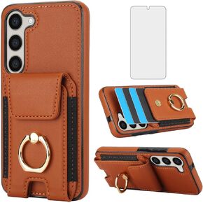 Asuwish Phone Case for Samsung Galaxy S23 Plus S23+ 5G with Tempered Glass Screen Protector Wallet Cover and Slim Ring Card Holder Leather Cell S23plus 23S + S 23 23+ SM-S916U 6.6 inch Women Men Brown
