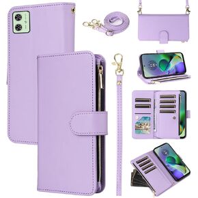 Wallet Case for Motorola Moto G54 5G with Detachable Wrist Strap Crossbody Shoulder Strap Luxury PU Leather Flip Zipper Purse 11+ Card Slots Protector Stand Phone Cover G 54 2023 Girls Pink