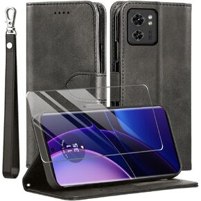 for Motorola Edge 2023 Case and Tempered Glass Screen Protector, PU Leather Flip Cover Wallet Phone Case Protector [Full Protection] [Card Slots] [Kickstand] for Moto Edge 2023, Black