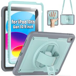 SEYMAC Case for iPad 10th Generation Case 10.9'', Full-Body Shockproof Protective Case with Screen Protector, 360° Rotating Stand and Hand/Shoulder Strap for iPad 10th Gen 10.9 Inch, Light Blue/Grey
