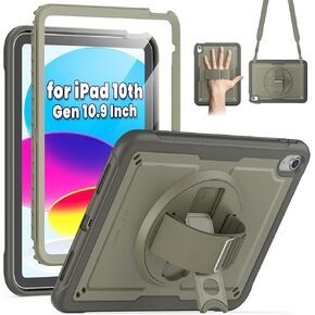 SEYMAC Case for iPad 10th Generation Case 10.9'', Full-Body Shockproof Protective Case with Screen Protector, 360° Rotating Stand and Hand/Shoulder Strap for iPad 10th Gen 10.9 Inch, Light Blue/Grey