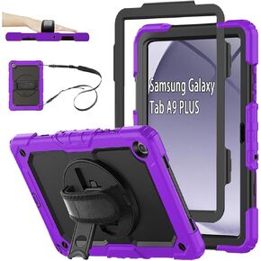 Case for Samsung Galaxy Tab A9 Plus 11 inch 2023,SM-X210/216/218 Case with Screen Protector,Kids Shockproof Galaxy Tab A9 Plus Cover with Pencil Holder,Hand/Shoulder Strap Purple