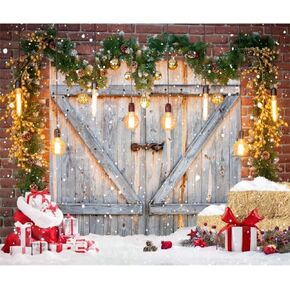 10x8ft Christmas Barn Door Theme Backdrop Xmas Trees Winter Wood Door Snow Photo Backdrop Christmas Scenery Gifts Decoration Backdrop Xmas Holiday Photo Props Booth Portrait Party Banner Decor