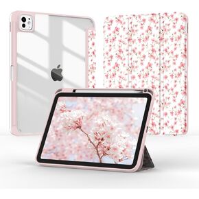 Jarviwiin Case for iPad Pro 13-inch (M4) 7th Generation 2024,Slim Tri-Fold Smart Folio Auto Wake/Sleep With Clear Back/Pencil Holder Cover for iPad Pro 13" 7 Gen (Floral Pink)