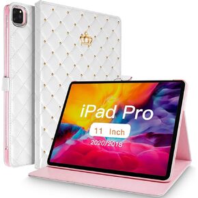 Topwin Crown Case for iPad Air 11-inch M2/10.9 Inch Air 5th 4th/iPad Pro 11'', Cute Bling Diamond PU Leather Smart Auto Sleep/Wake for iPad Air 11 2024/ Air 5 2022/ Air 4/ iPad Pro 11 inch(White)
