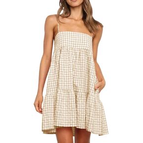 LPCBDEE Womens Plaid A-line Dresses Shoulder Straps Ruffle Hem Casual Mini Dress with Side Pocket