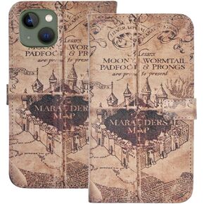 حافظة YHB لهاتف iPhone 13، حافظة محفظة رفيعة من جلد البولي يوريثان مع حامل بطاقات وغطاء خلفي واقٍ من مادة TPU، خريطة سحرية عتيقة in Kuwait