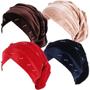 Qianmome 4 Pieces Womens Muslim Turban Scarf Hijab Cap Velour Multi Color Beads Head Scarf Chemo Cap Head Wrap