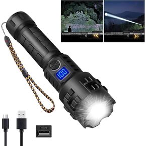 9000000 Lumen LED Rechargeable Super Bright Flashlight,XHP70 High Lumens Flash Light, 5 Modes Lighting Source Water Resistant Zoomable Light for Ourdoor Emergency,Camping,Hiking,Finishing.