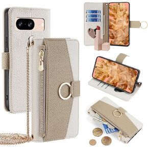 Wallet Case with Crossbody Strap Compatible for Google Pixel 9 Pro/Google Pixel 9, Magnetic Handbag Zipper Pocket Cases PU Leather Flip Shockproof Cover with Kickstand, White
