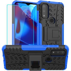 Moto G Pure Case with HD Screen Protector - Yiakeng Shockproof Silicone & Hard Cover, Kickstand - Blue