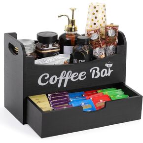 Dicunoy Coffee Bar Organizer with Drawer, Wood Coffee Tea Station Organizer, Wood K Cup Pods Holder, Black Tea Bag Accessories Condiment Organizer for Office, Home Countertop