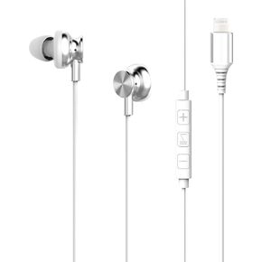 Lightning Earbuds with Built-in Mic, Silver Wired Earbuds Lightning Connector with Audio Controls, Noise Reduction, 4-FT Cord, 3 Extra Ear Gels, Carrying Case