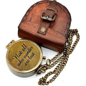 Not All Who Wander are Lost Engraved Compass in Leather Box - Antique Brass Pocket Compass - Vintage Personalized Compass for Hiking & Camping, Baptism, Graduation Day, Easter Day Gifts for Men