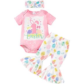Newborn Baby Girl Easter Outfit Bunny Print Short Sleeve Romper Bodysuit Pompon Bell Bottoms Set With Headband