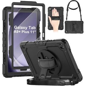 DUNNO Case for Samsung Galaxy Tab A9+ Plus 11 Inch 2023, Shockproof Case with Screen Protector, 360° Rotating Stand, Hand & Shoulder Strap, for Galaxy Tab A9 Plus Tablet Case (Black/Blue)