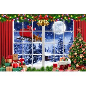 Christmas Window Backdrop White Windows Red Curtains Christmas Deer Taming Car Theme Decorations Background Xmas Tree Santa Claus Snow Scene Background Cake Table Studio Props 10x8ft