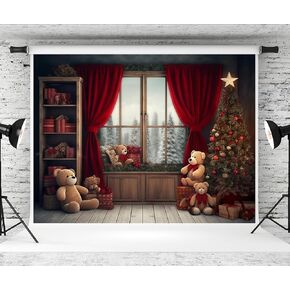 Kate 7×5ft Christmas Tree Photo Backdrop Photography Teddy Bear Window Red Curtain Fireplace Xmas Decoration Photo Background for Photographer Studio Props in Kuwait