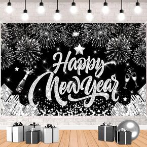 Black Silver Happy New Year Party Banner Decorations Large Black Silver 2025 New Years Eve Banner Backdrop Sign Photo Booth Background for New Year Holiday Indoor Outdoor Party Supplies 71x43Inch