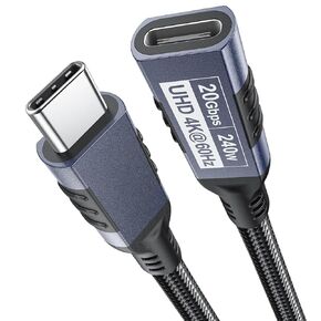 كابل تمديد USB C بطول 3 أقدام، سلك موسع USBC 20 جيجابت في الثانية لنقل البيانات/شحن سريع 240 وات/4K@60 هرتز عالي الدقة USB Type C 3.2 Gen 2 ذكر إلى أنثى مضفر لمحور منفذ USB-C والكمبيوتر المحمول والهاتف والشاشة المحمولة