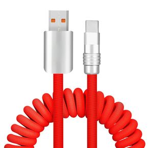 Curly Chubby - Retractable Fast Charging Cable 240W Durable USB A to Type C Charger Cord Port Connector for Phones, Tablets and More, Red, USB-A to Type-C, 1.3FT-2.3FT